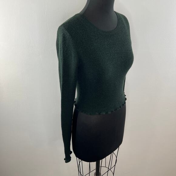 Something Navy Dark Green 100% Wool Lettuce Hem Crop Sweater Knit Top Crew L - Picture 3 of 7